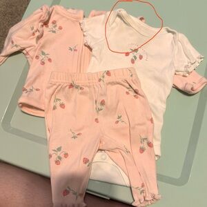 Pink and White Baby Outfit Set with Strawberry Print